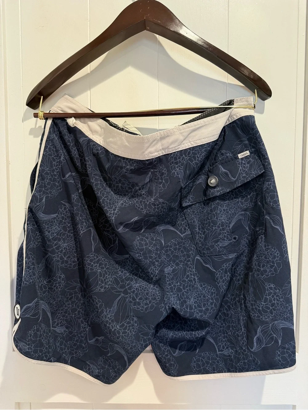 Vuori Navy Floral-Print Swim Shorts with White Trim